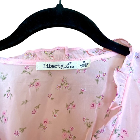 NWT Liberty Love Y2K Style M Sheer Pink Floral Ruffle Blouse Top Short Sleeves - Picture 3 of 4
